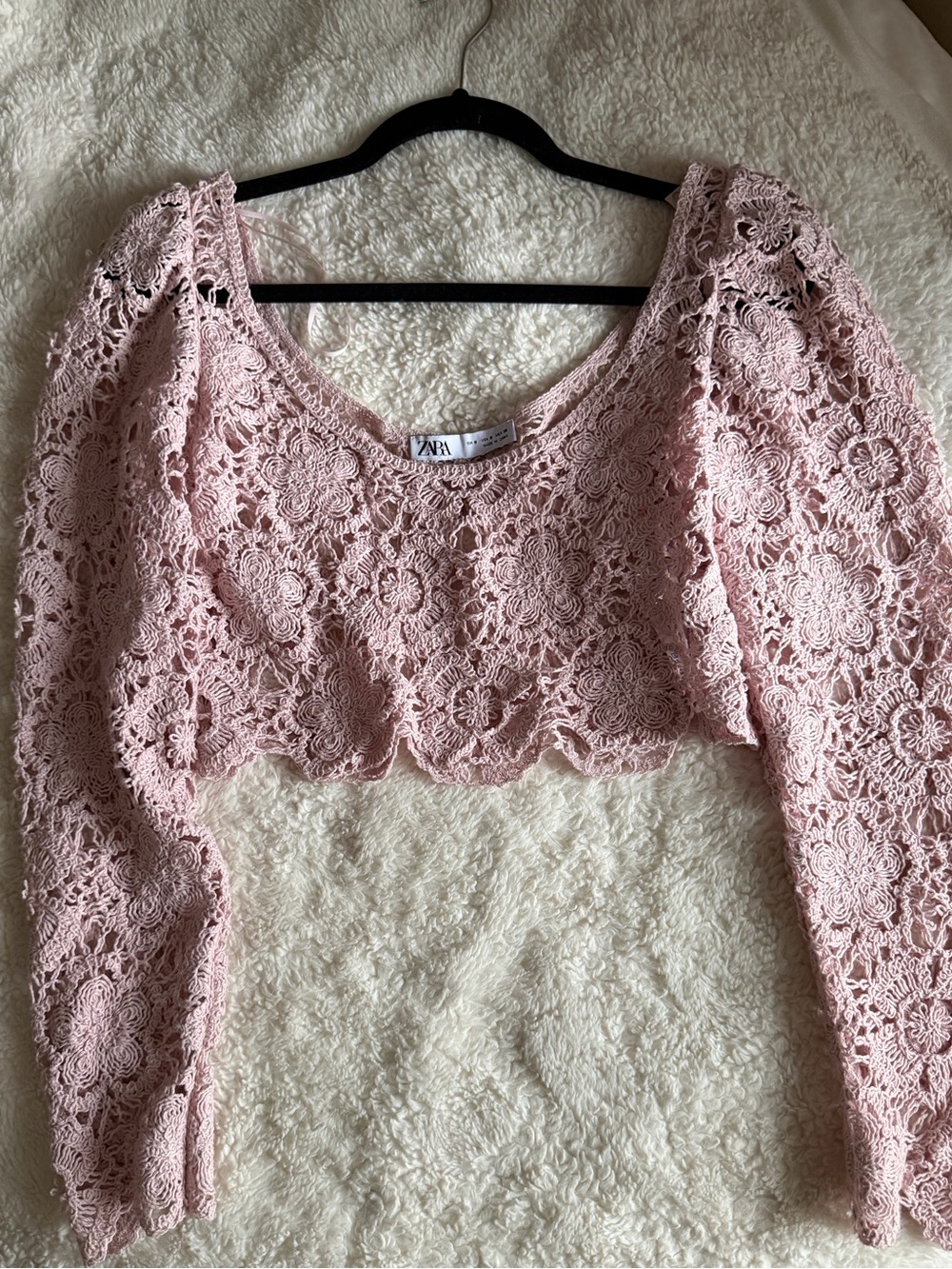 Zara Dusty Pink Crochet Lace Puff-Sleeve Crop Top